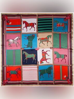 NWOT Equestrian Print Satin Silk Scarf in Red, Blue, Pink & Green - 90 x 90 cm